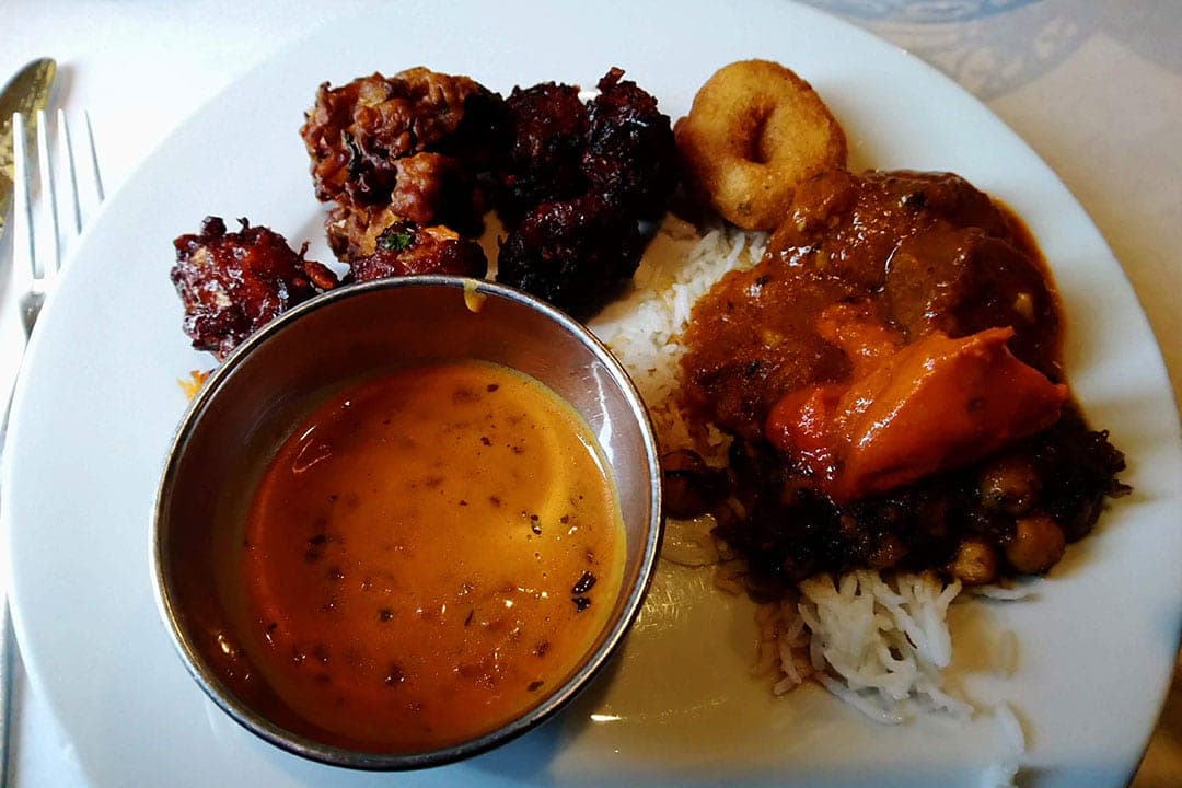 An Indian thali — curry, rice, and chutney